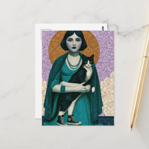 Cartão Postal Tênis de mulher vintage fofa e seu gato