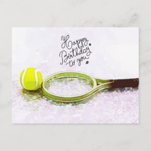 Cartão Postal Tênis Feliz Aniversário com bola e raquete 