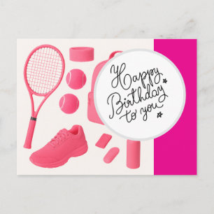 Cartão Postal Ténis Feliz Aniversário com bola e raquete rosa