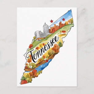 Cartão Postal Tennessee EUA Estado Formato Aquarela Vintage