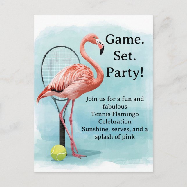 Cartão Postal Tennis  Flamingo  with racket and ball invitation  (Frente)