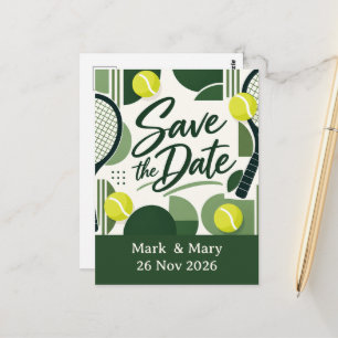 Cartão Postal Tennis Salve a Data com Design de Raquete e Bola