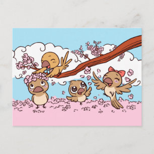 Cartão Postal Tentilhões pássaros com flores de sakura rosa