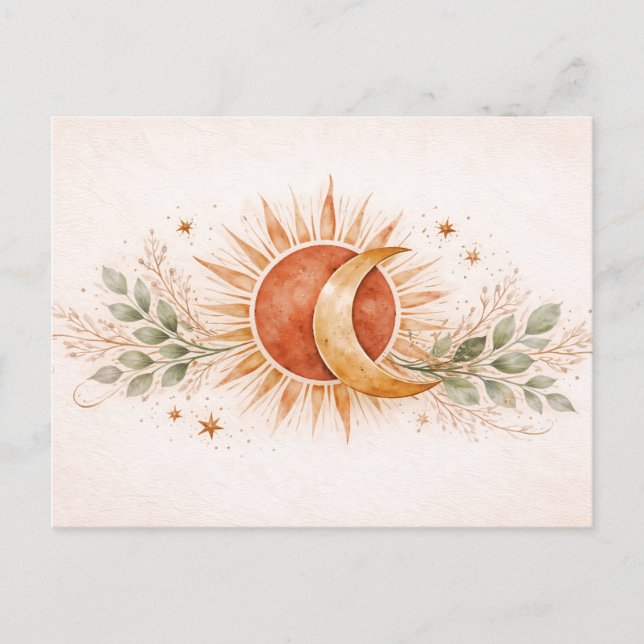 Cartão Postal Terracotta Boho Celestial Sun Moon Botanical (Frente)