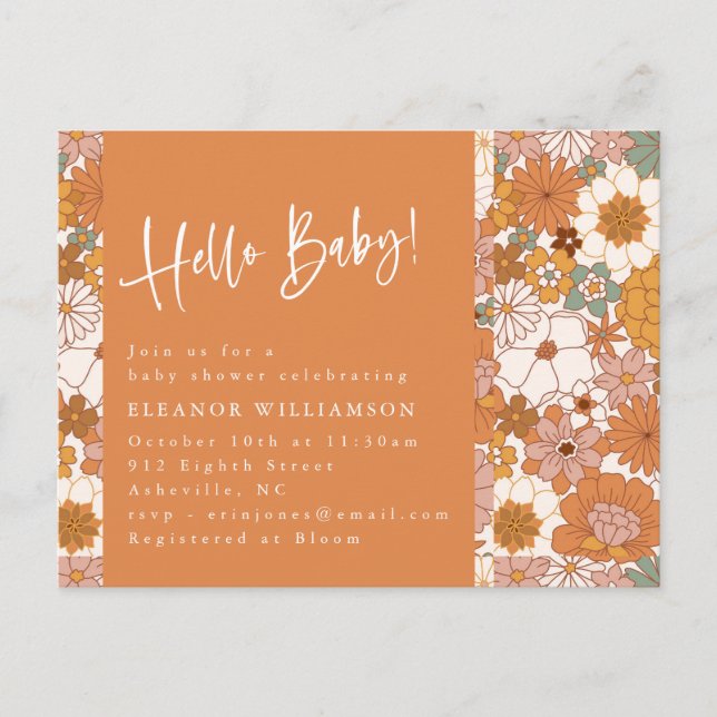 Cartão Postal Terracotta Boho Floral Hello Baby Cute Chá (Frente)