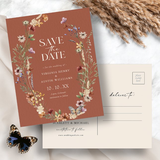 Cartão postal Terracotta Boho Save The Date (Terracotta Boho Floral Save The Date Postcard by Painted Paperie
)