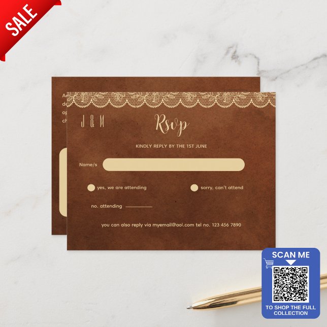 Cartão Postal Terracotta Dourado Lace Wedding RSVP Para Correspo (Criador carregado)