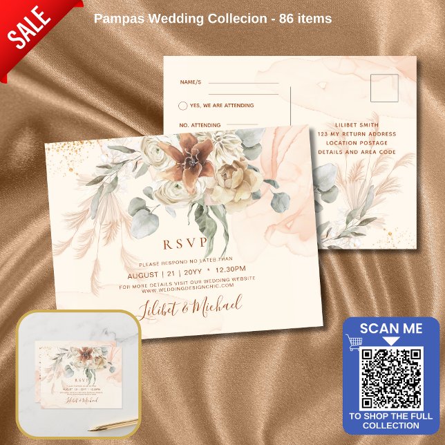 Cartão Postal Terracotta Floral Pampas Grass RSVP WEDDING Postca (Criador carregado)