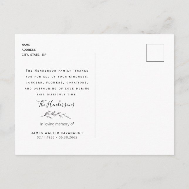 Cartão Postal Terracotta Foliage Funeral Obrigado Nome e Data (Verso)