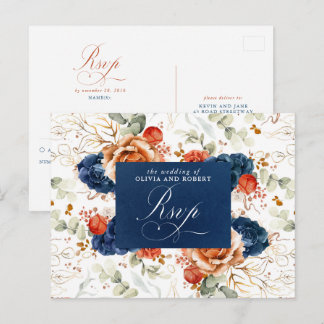 Cartão Postal Terracotta Marinho Blue Flowers Casamento RSVP