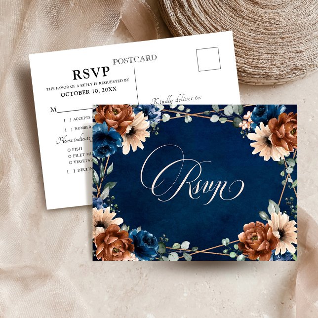 Cartão Postal Terracotta Marinho Blue Greenery Geométrico RSVP P (Terracotta Navy Blue Greenery Geometric Wedding RSVP Postcard)
