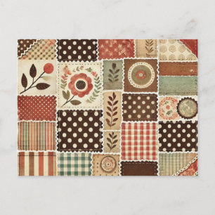 Cartão Postal Terracotta Patchwork Quilt Rustic Floral Design