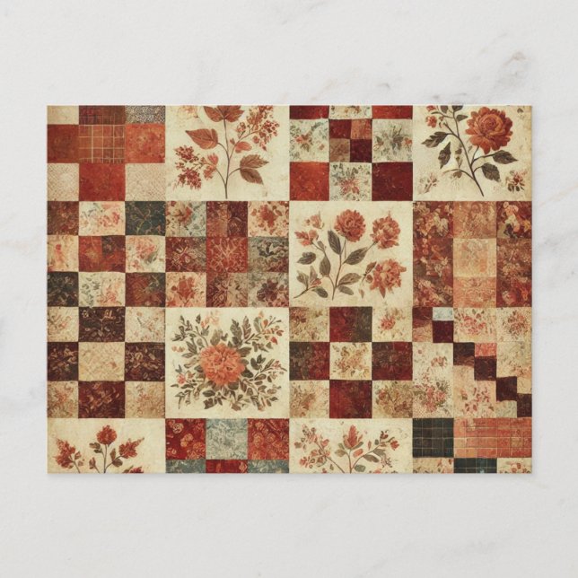 Cartão Postal Terracotta Patchwork Quilt Rustic Floral Design (Frente)