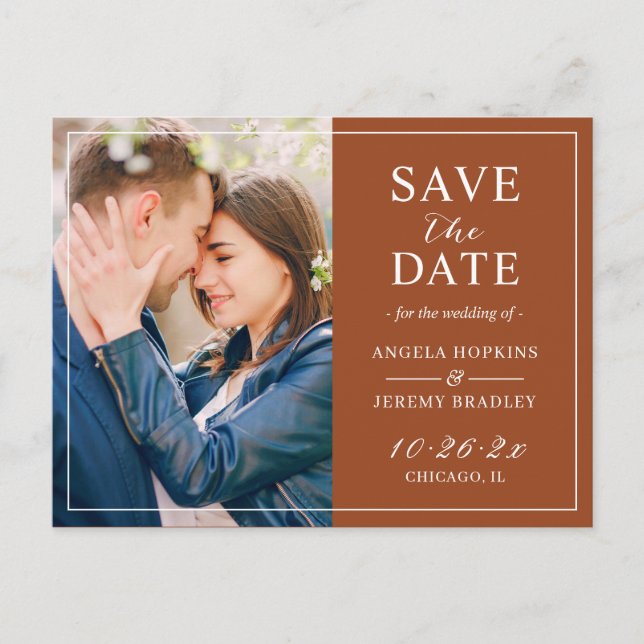 Cartão Postal Terracotta Reddish Modern Photo Save the Date (Frente)