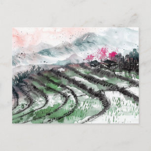 Cartão Postal Terras de Arroz Serenes Chinesas com Aquarela