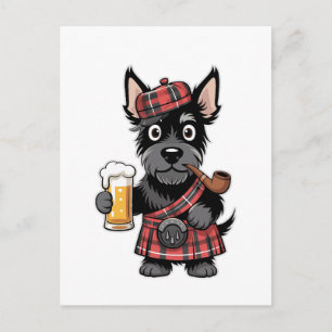 Cartão Postal Terrier Escocês em Kilt Xadrez com Cerveja e Cachi