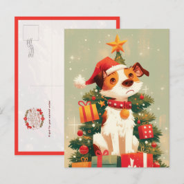 Cartão Postal Terrier Jack Russell com Árvore de Natal e Present