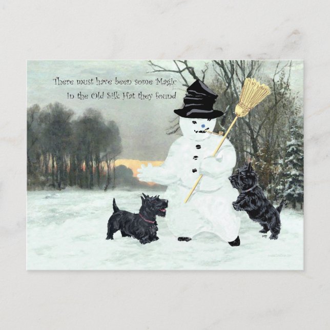 Cartão Postal Terriers Escoceses Constroem um Boneco de Neve (Frente)