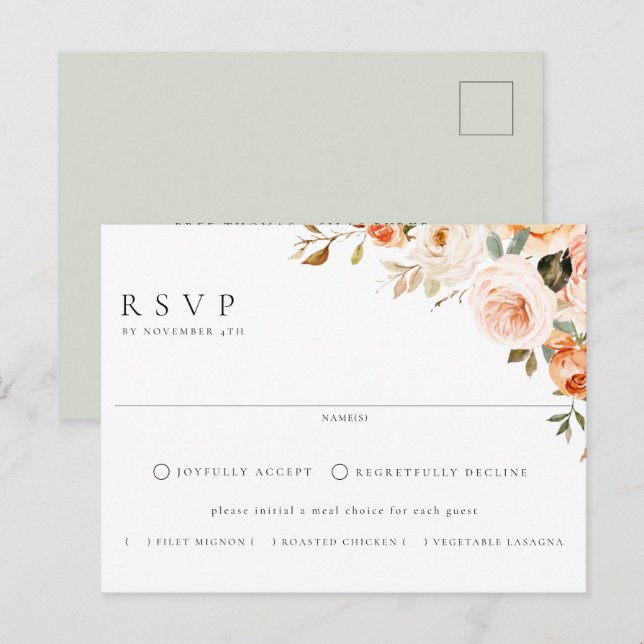 Cartão Postal Terthy Autumn Floral Meal Choice Weding RSVP (Frente/Verso)