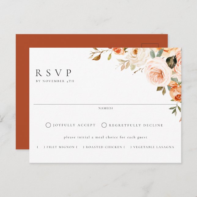 Cartão Postal Terthy Autumn Floral Meal Choice Weding RSVP (Frente/Verso)