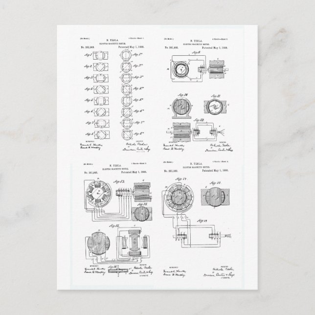 Cartão Postal Tesla Elero-Magnet Motor Patent US381968 p 1-4 (Frente)