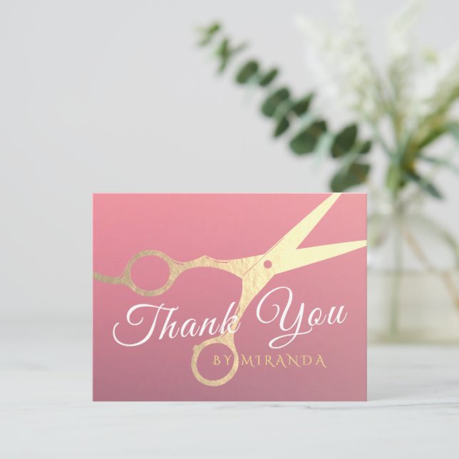 Cartão Postal Tesoura Dourada Rosa Salão de Beleza Cabeleireiro  (Em pé/Frente)