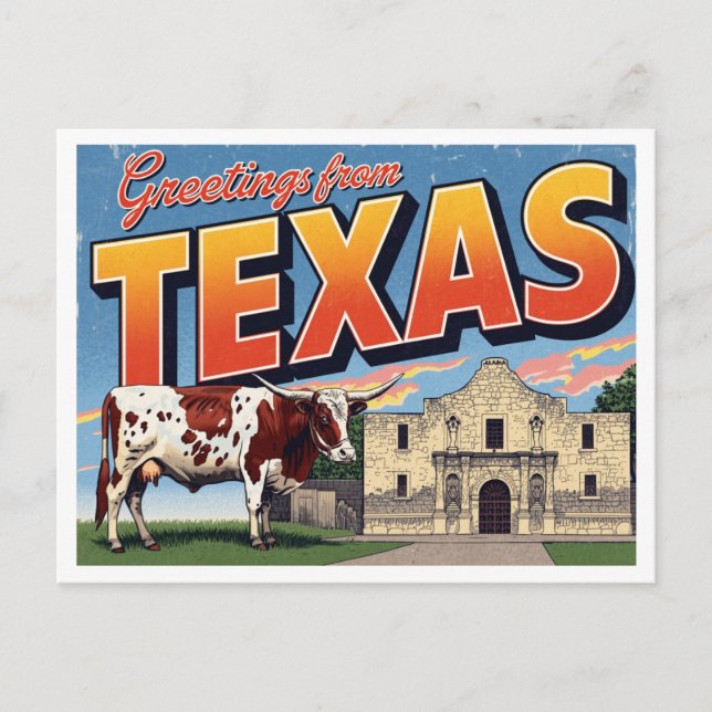 Cartão Postal Texas Alamo Longhorn Cow Greetings (Frente)