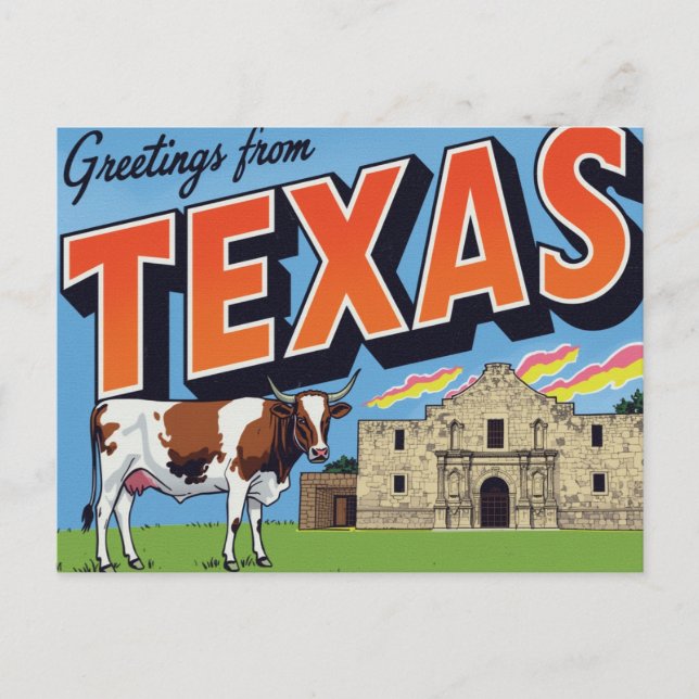 Cartão Postal Texas Alamo Longhorn Cow Greetings (Frente)