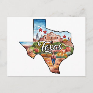 Cartão Postal Texas EUA Estado Formato Aquarela Vintage