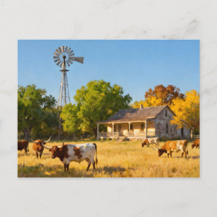 Cartão Postal Texas Ranch House e Longhorns no Outono