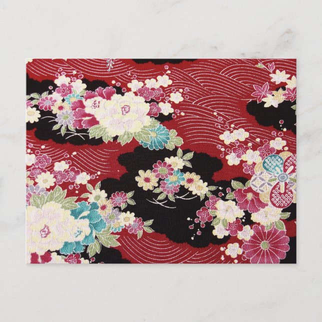 Cartão Postal Têxtil KIMONO Japonês, Padrão Floral (Frente)