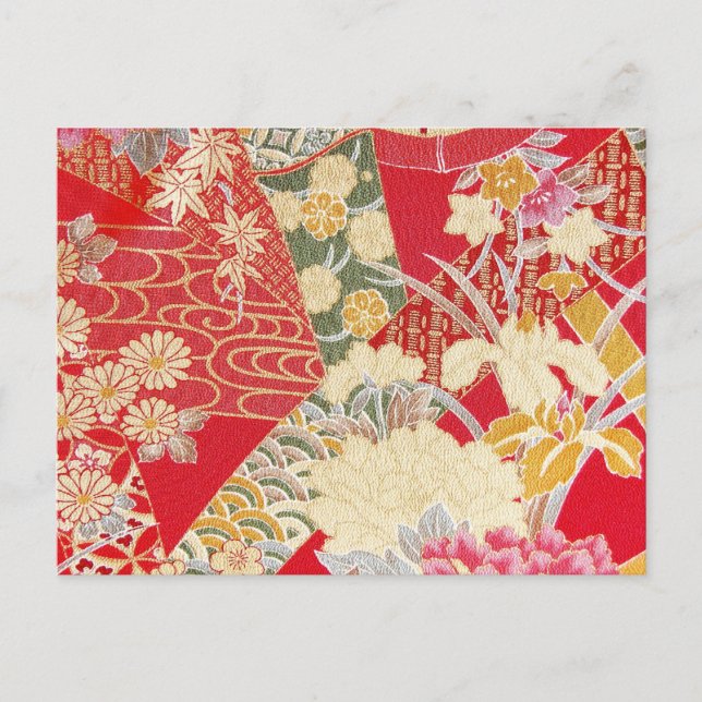Cartão Postal Têxtil KIMONO Japonês, Padrão Floral (Frente)