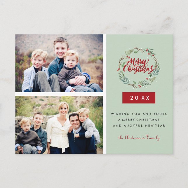 Cartão Postal Texto Clássico de Natal Personalizado Duas Fotos (Frente)