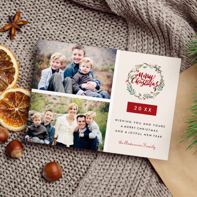 Cartão Postal Texto Clássico de Natal Personalizado Duas Fotos (Capture Cherished Memories with our Classic Holiday Card Design |Winter Flowers and Berries Wreath)