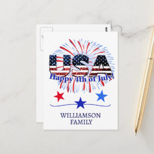 Cartão Postal texto da bandeira dos EUA brilha fogos de artifíci