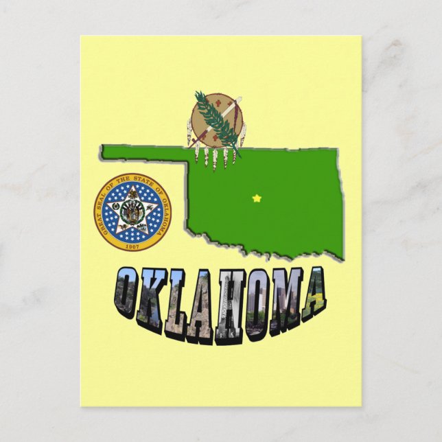 Cartão Postal Texto de Contorno, Selo e Imagem do Mapa de Oklaho (Frente)