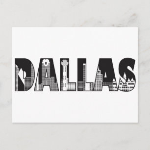 Cartão Postal Texto de Dallas com Desenho de Contorno de Edifíci