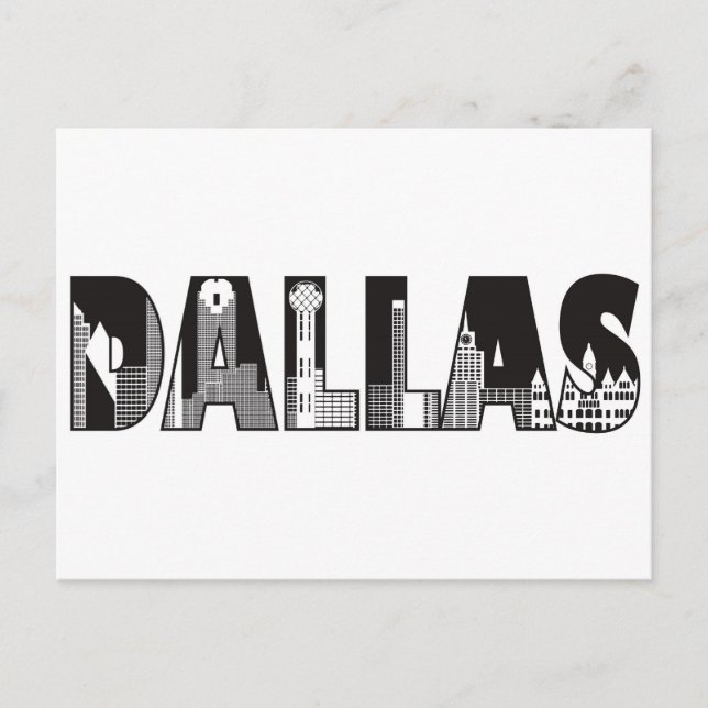 Cartão Postal Texto de Dallas com Desenho de Contorno de Edifíci (Frente)