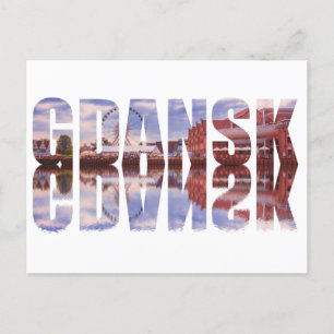 Cartão Postal Texto de Gdansk com vista de cidade antiga e refle