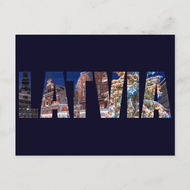 Cartão Postal Texto letão com árvore de Natal iluminada (Frente)