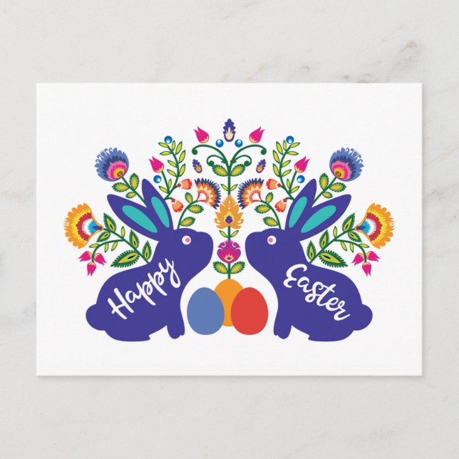 Cartão Postal Texto Personalizado de 🐰 Azul com Flores do Folcl (Frente)