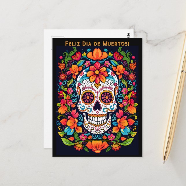 Cartão Postal Texto personalizado Dia de Muertos ☠️ Crânio do Aç (Frente/Verso In Situ)