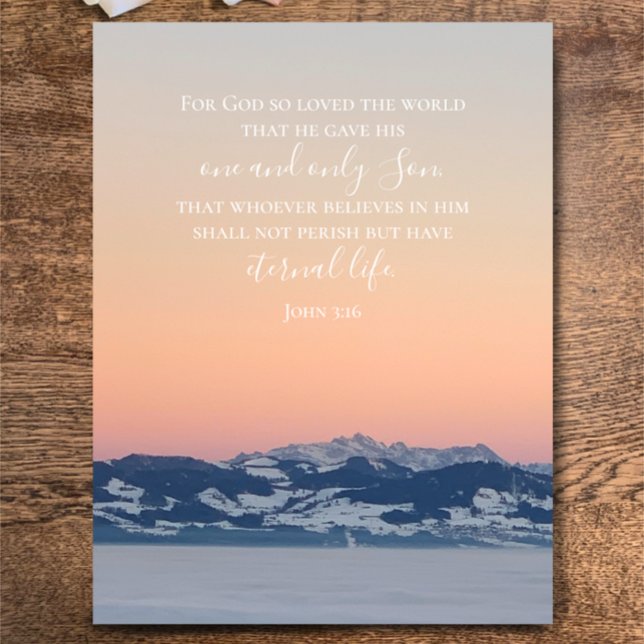 Cartão Postal Texto Personalizado do John 3:16 | Foto original d (John 3:16 inspirational Christian Bible verse on my original photograph of sunset Swiss Alps. Custom)
