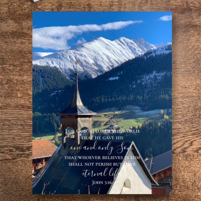 Cartão Postal Texto Personalizado do John 3:16 | Foto original d (Beautifully illustrated Bible scripture John 3:16 on my original Switzerland church Alps photograph )