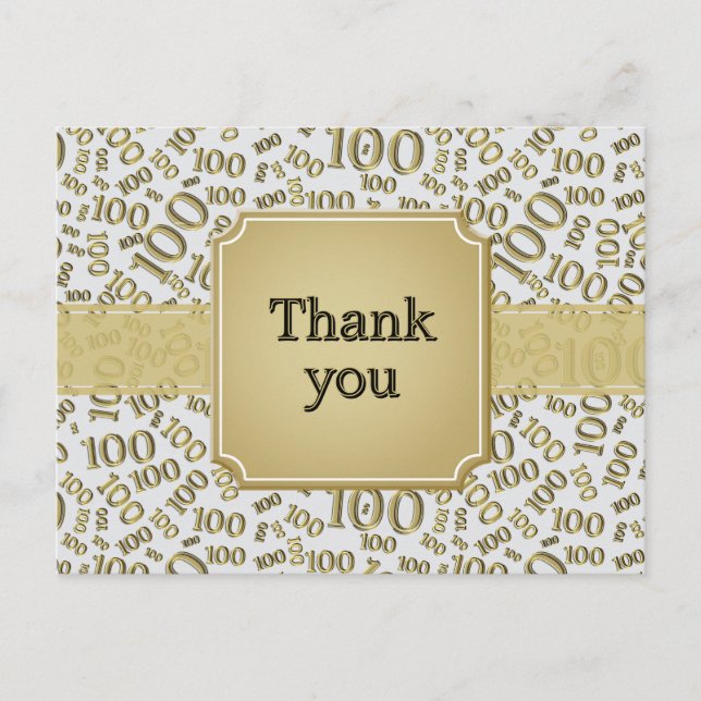 Cartão Postal Thank You 100th Birthday Number Pattern Gold/White (Frente)