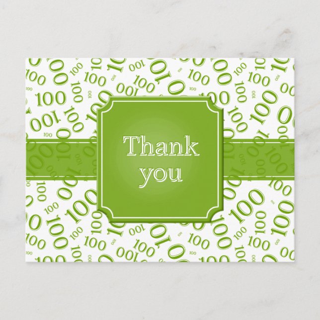 Cartão Postal Thank You 100th Number Pattern Green/White (Frente)