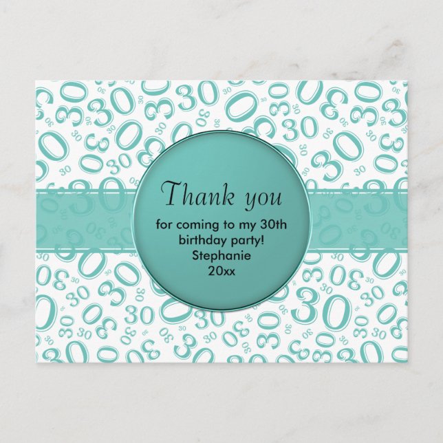 Cartão Postal Thank You 30 Random Number Pattern Teal/White (Frente)