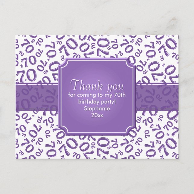 Cartão Postal Thank You 70 Birthday Number Pattern Purple/White (Frente)