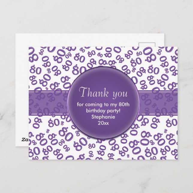 Cartão Postal Thank  You 80 Purple/White Birthday Number Pattern (Frente/Verso)