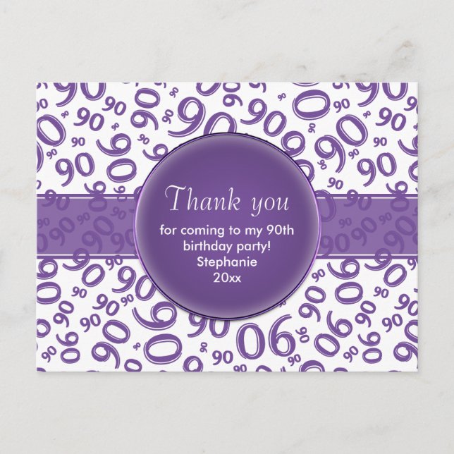 Cartão Postal Thank  You 90 Purple/White Birthday Number Pattern (Frente)